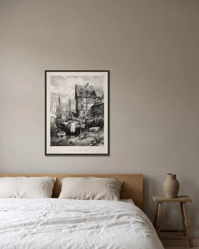 Hafeninterieur von Eugène Isabey gerahmt an einer Wand