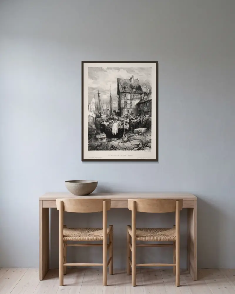 Hafeninterieur von Eugène Isabey gerahmt an einer Wand