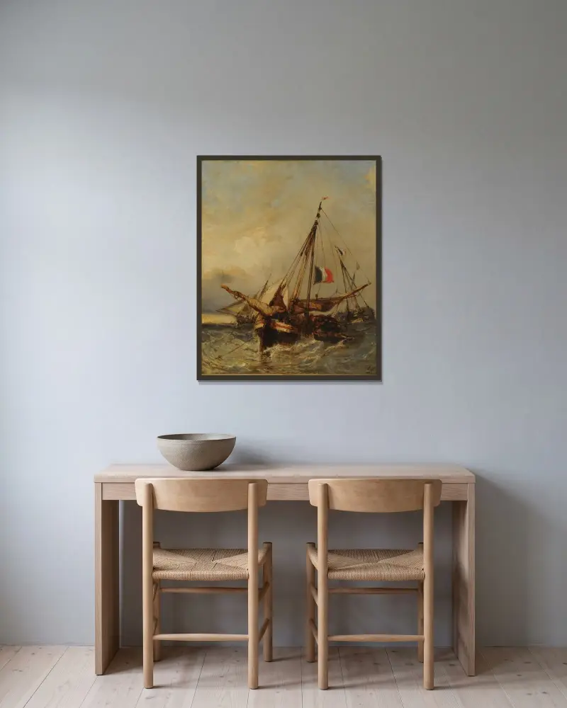 Marina av Eugène Isabey inramad på en vägg