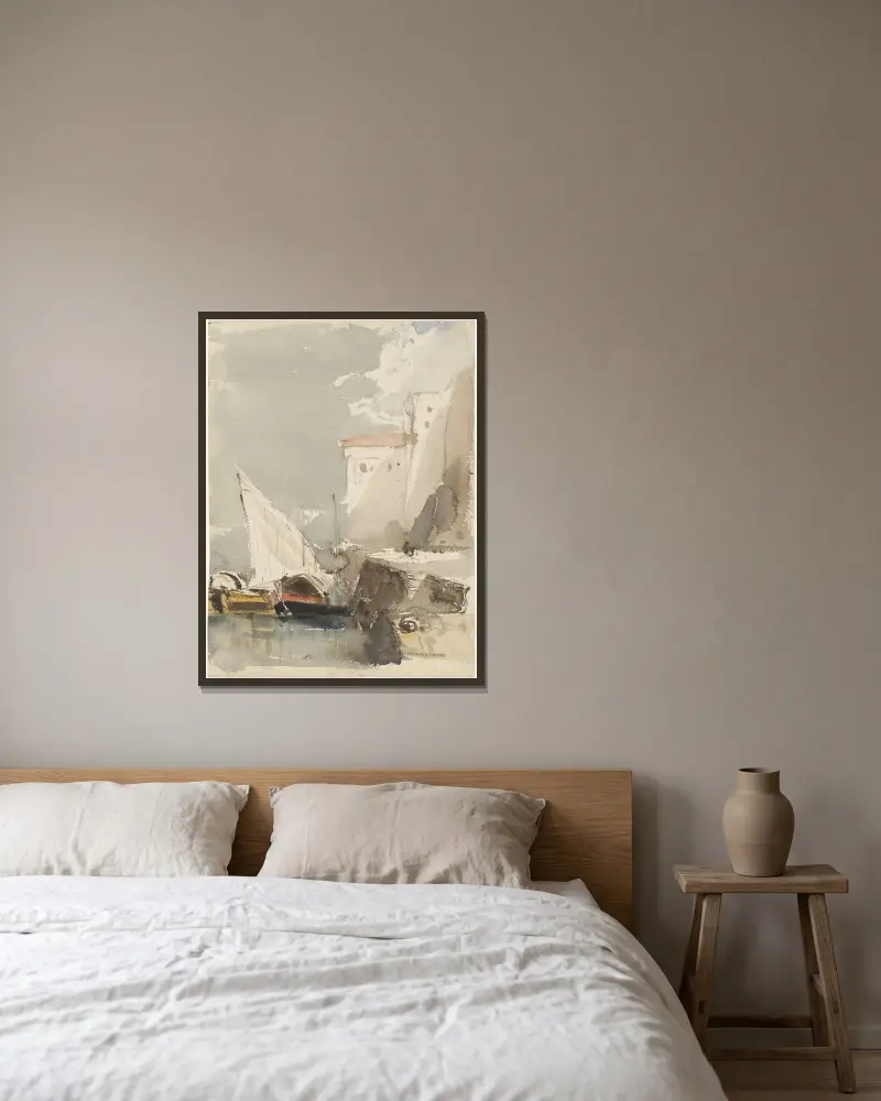 Segelbåtar i en solbelyst hamn av Eugène Isabey inramad på en vägg