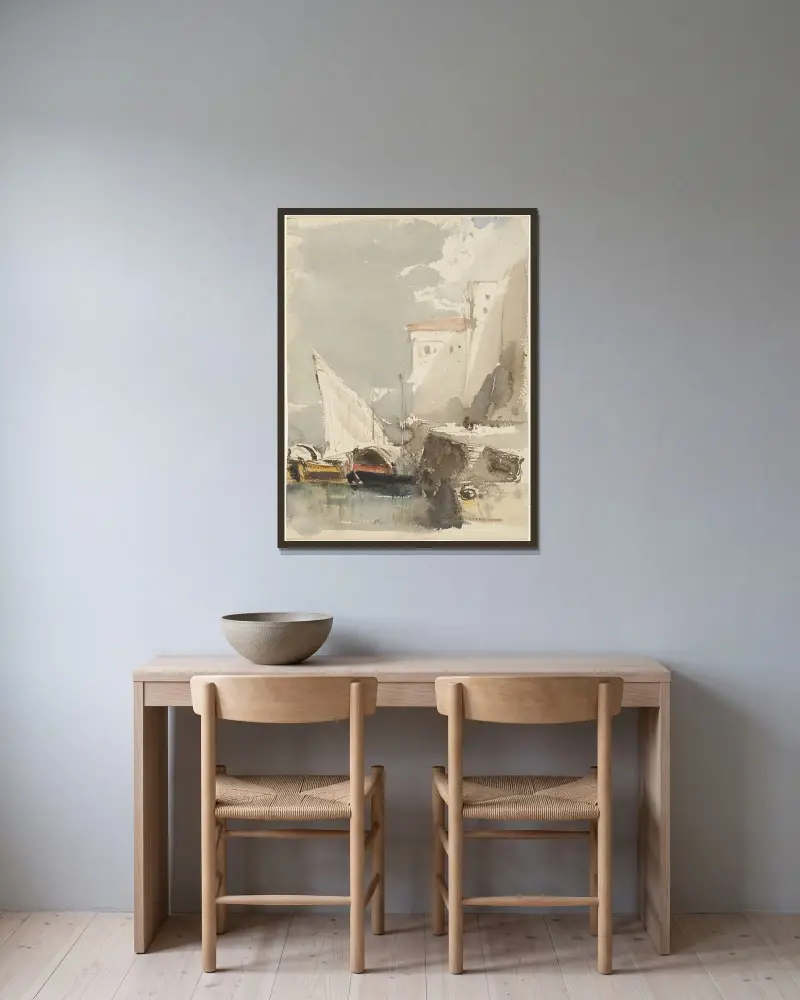 Segelbåtar i en solbelyst hamn av Eugène Isabey inramad på en vägg