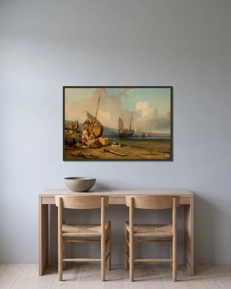 Havsutsikt av Eugène Isabey inramad på en vägg