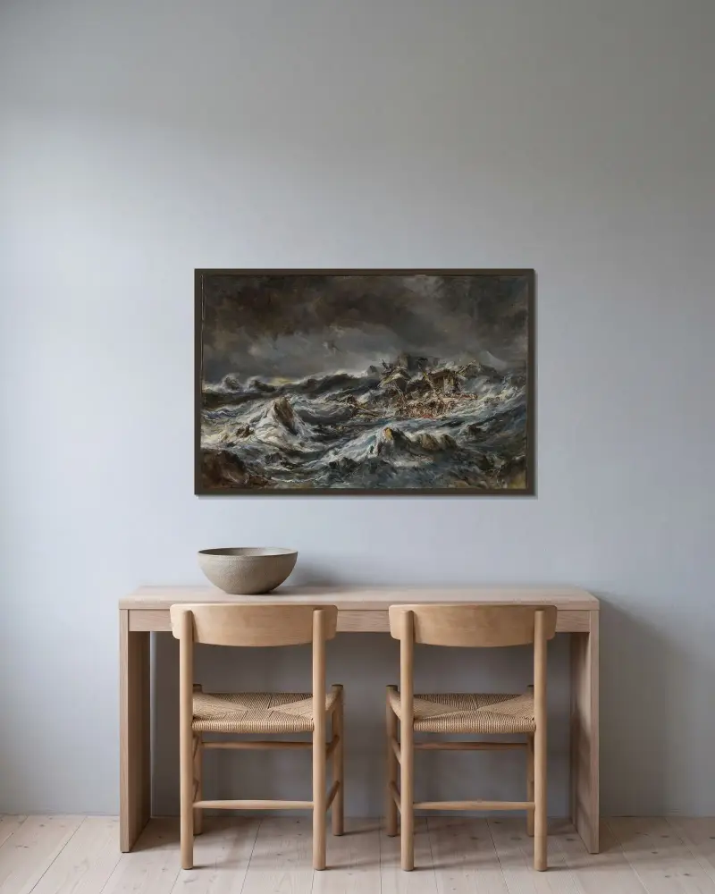 Skeppsbrott av Eugène Isabey inramad på en vägg