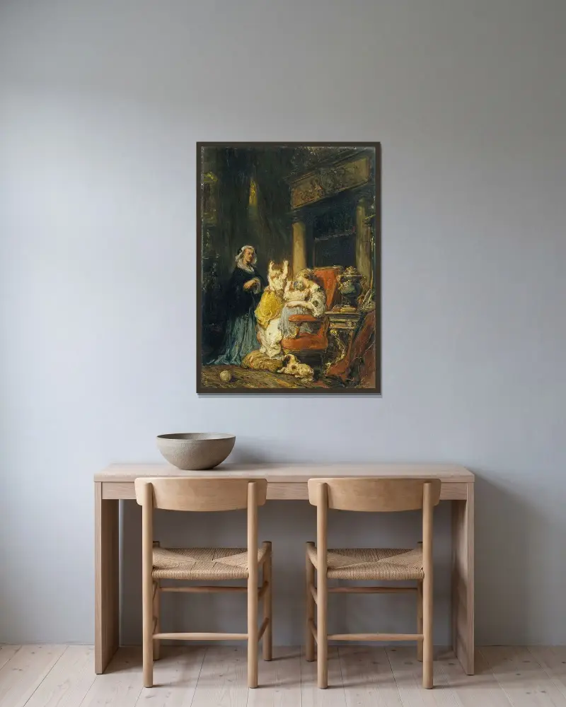 Den unga modern av Eugène Isabey inramad på en vägg