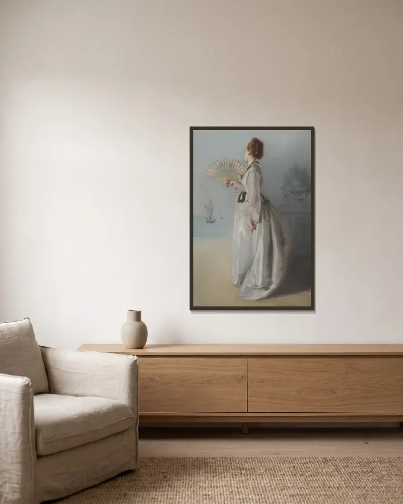Dame mit Fächer von Eva Gonzalès gerahmt an einer Wand