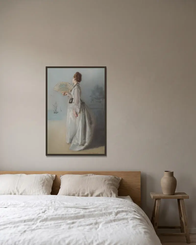 Dame mit Fächer von Eva Gonzalès gerahmt an einer Wand