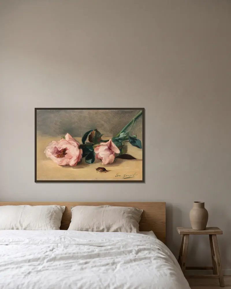Les pivoines et le hanneton av Eva Gonzalès inramad på en vägg
