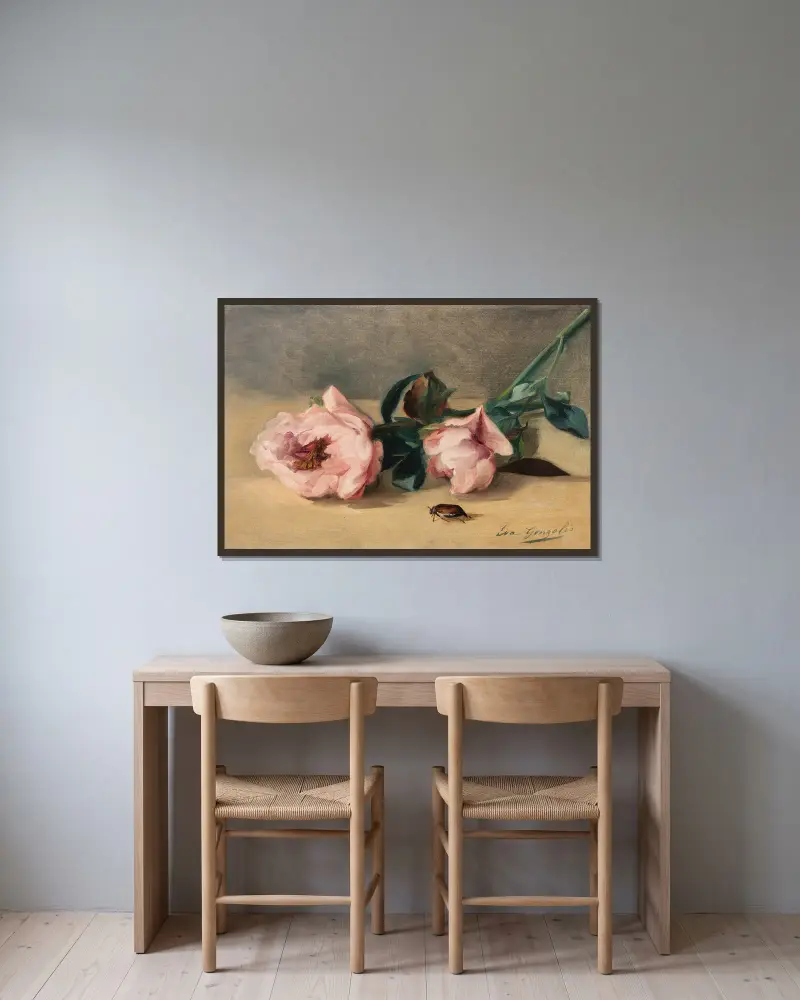 Les pivoines et le hanneton av Eva Gonzalès inramad på en vägg