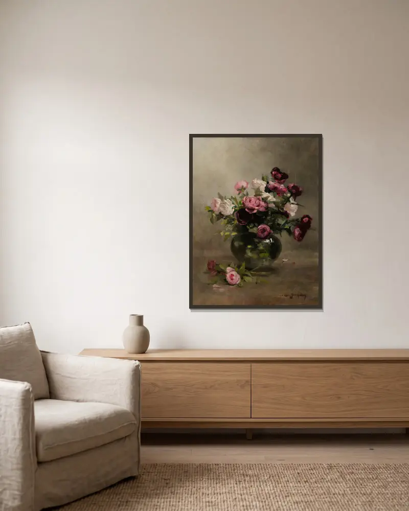 Vase of Roses av Eva Gonzalès inramad på en vägg