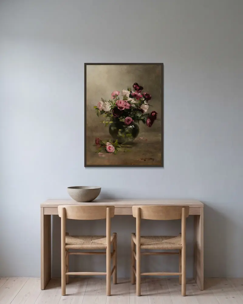 Vase of Roses av Eva Gonzalès inramad på en vägg