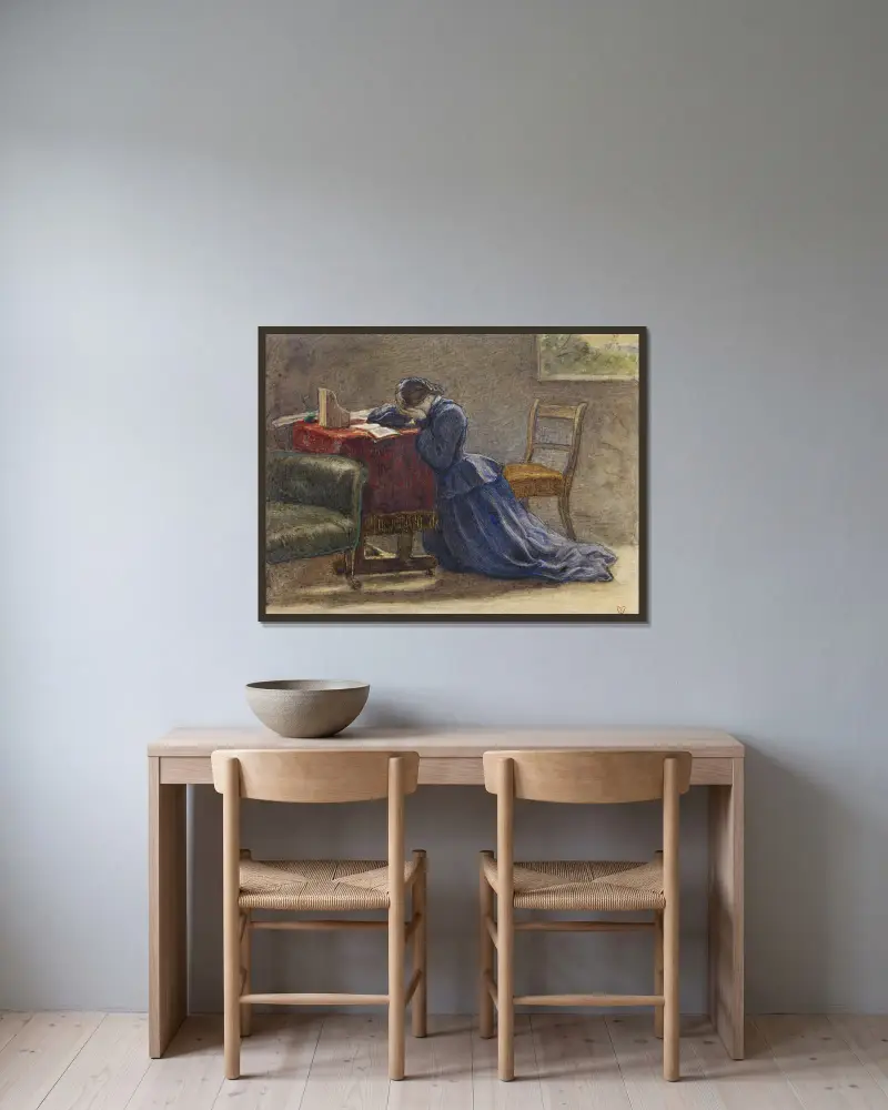 A Wife – Face in Both Hands She Knelt on the Carpet av Sir John Everett Millais inramad på en vägg