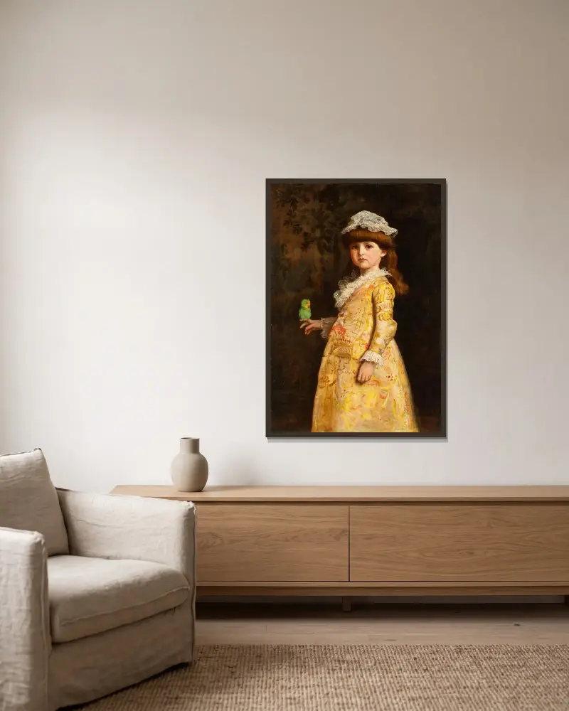 Liebesvögel („Eine große Dame“) von Sir John Everett Millais gerahmt an einer Wand