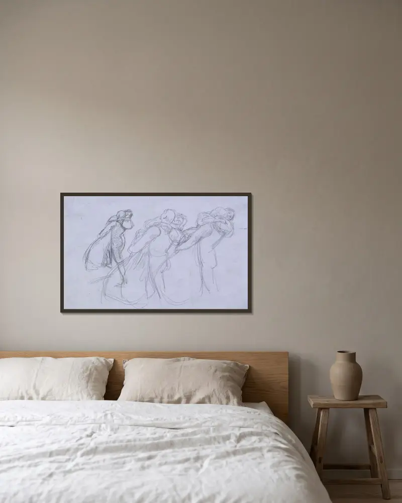 Kärlekens krona av George Meredith – tre studier av älskaren som bär prinsessan uppför kullen av Sir John Everett Millais inramad på en vägg