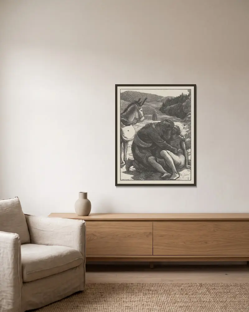 Der barmherzige Samariter von Sir John Everett Millais gerahmt an einer Wand