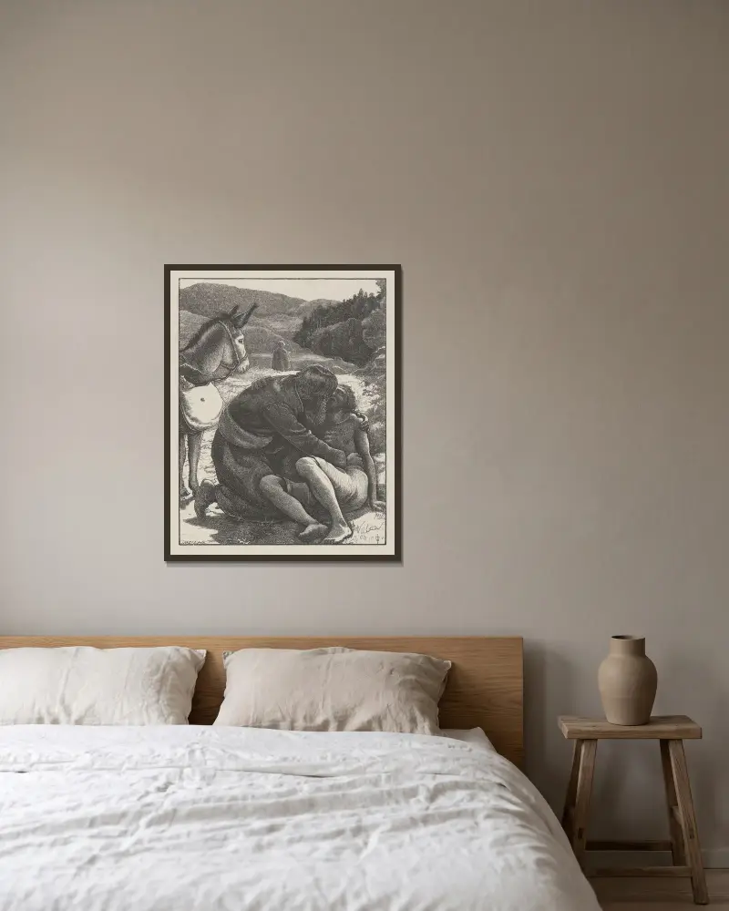 Der barmherzige Samariter von Sir John Everett Millais gerahmt an einer Wand