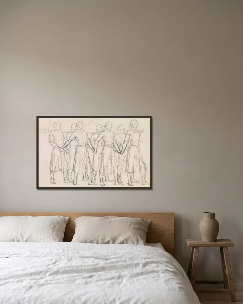 The Head of Bran by George Meredith – Study of Seven Princes carrying the Head of Bran av Sir John Everett Millais inramad på en vägg