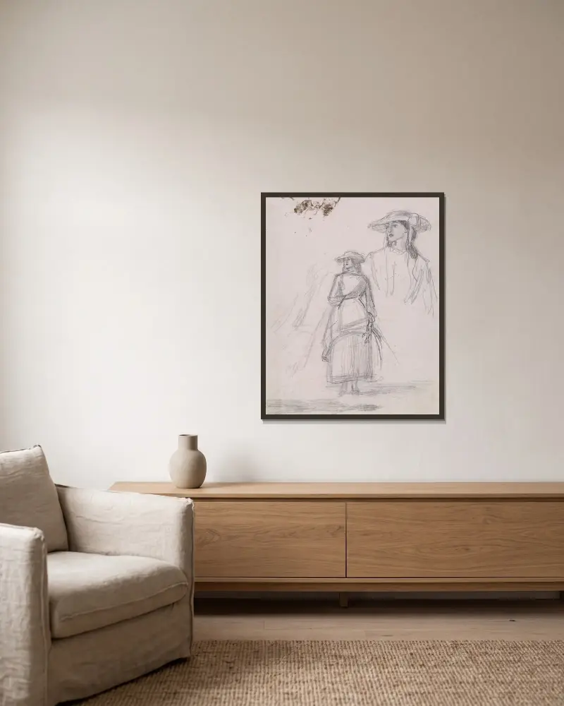 Thomas Hood’s Ruth – Two Figure Sketches av Sir John Everett Millais inramad på en vägg