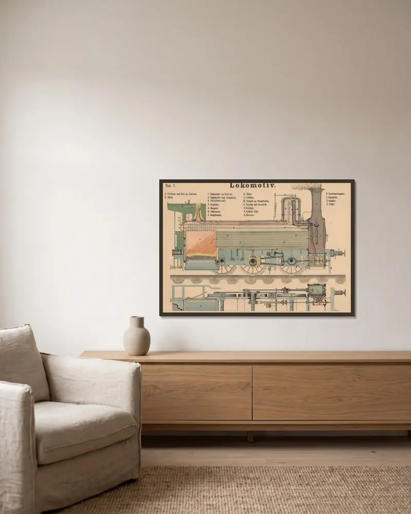 Lokomotive von J.F. Schreiber gerahmt an einer Wand