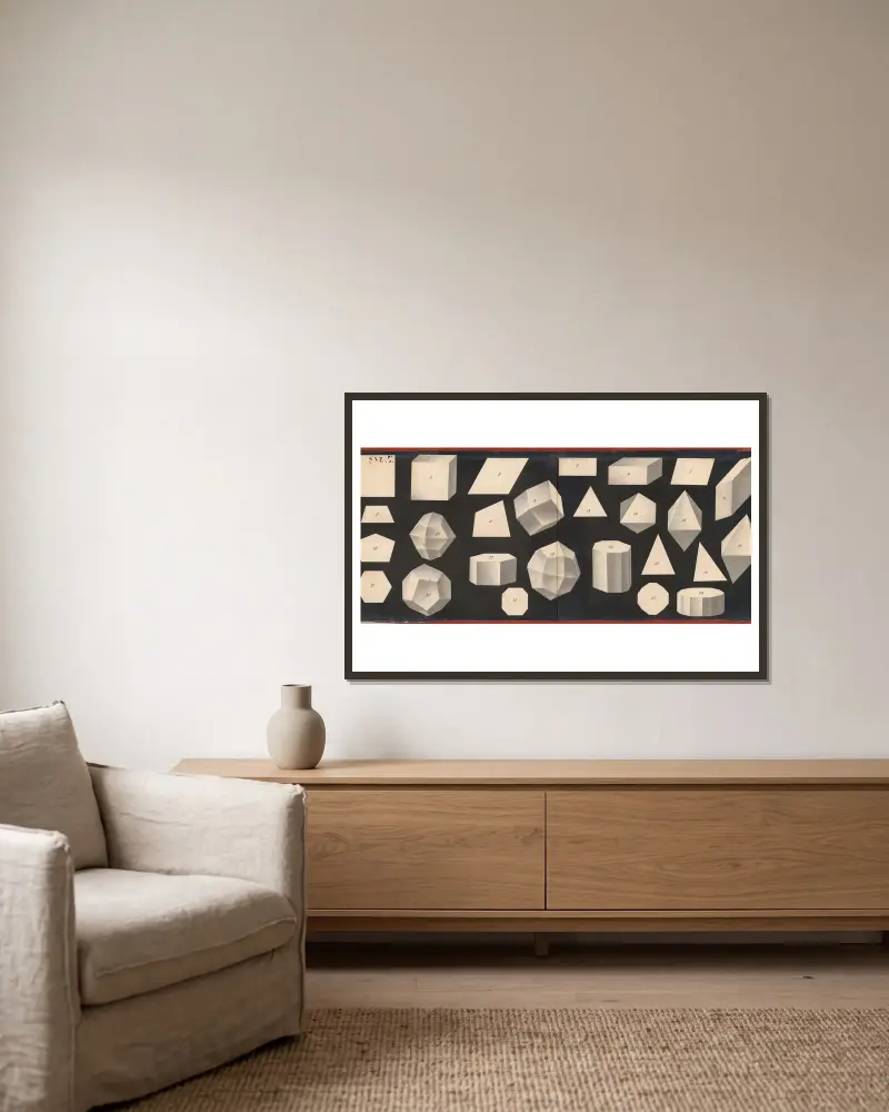 Shapes of crystals, 1886 – nr 1 av J.F. Schreiber inramad på en vägg