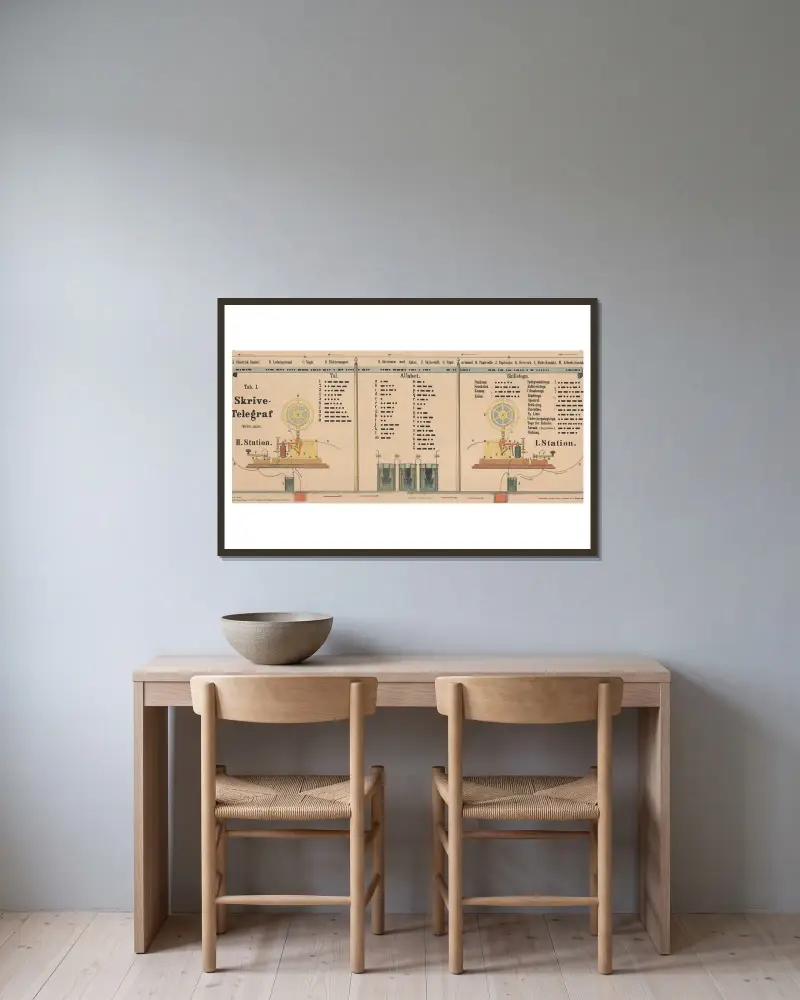 Schreibtelegraph von J.F. Schreiber gerahmt an einer Wand