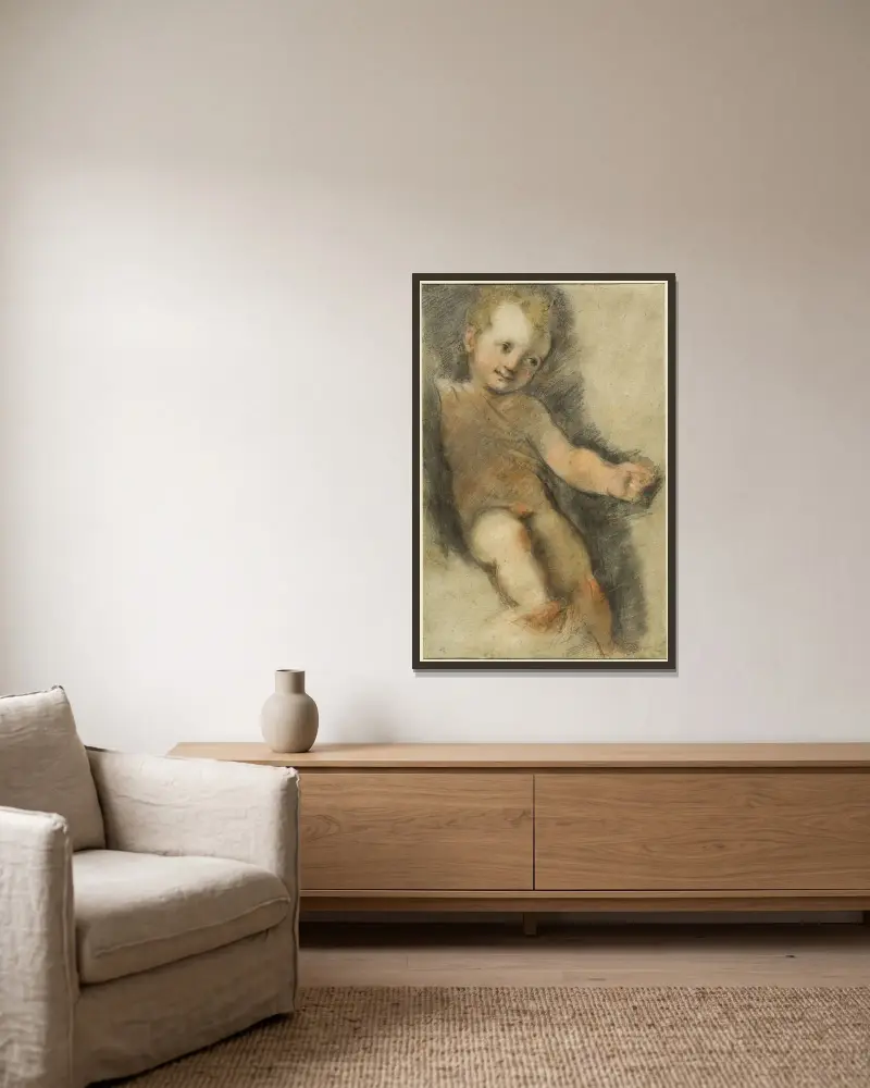 Kristusbarnet; Studie till Madonna di San Giovanni av Federico Barocci inramad på en vägg