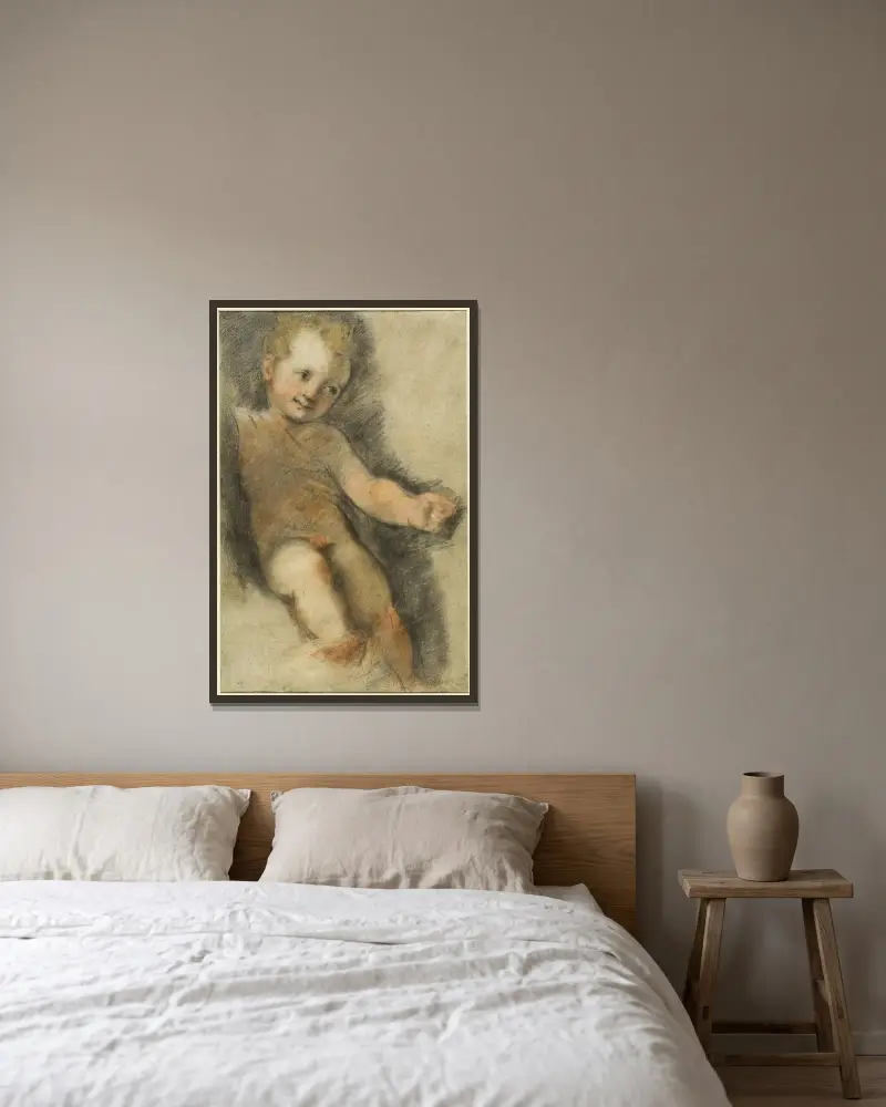 Kristusbarnet; Studie till Madonna di San Giovanni av Federico Barocci inramad på en vägg