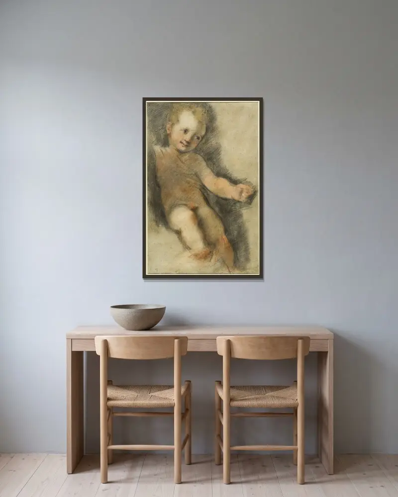 Kristusbarnet; Studie till Madonna di San Giovanni av Federico Barocci inramad på en vägg
