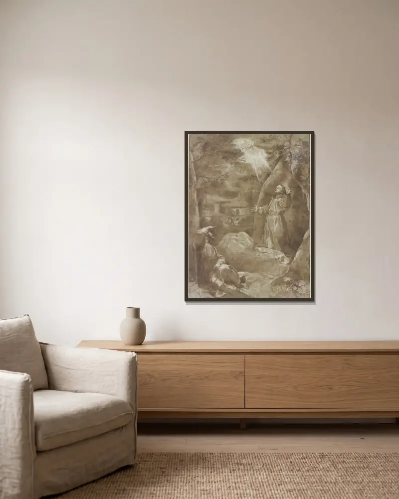 Der Heilige Franziskus empfängt im Beisein Bruder Leos von Assisi die Wundmale av Federico Barocci inramad på en vägg