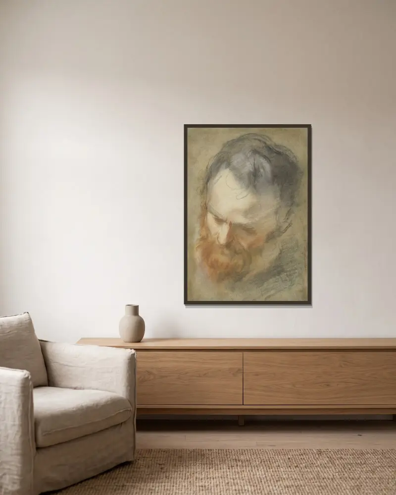 Huvud av skäggig man av Federico Barocci inramad på en vägg