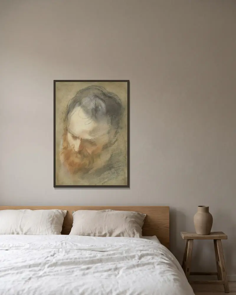 Huvud av skäggig man av Federico Barocci inramad på en vägg