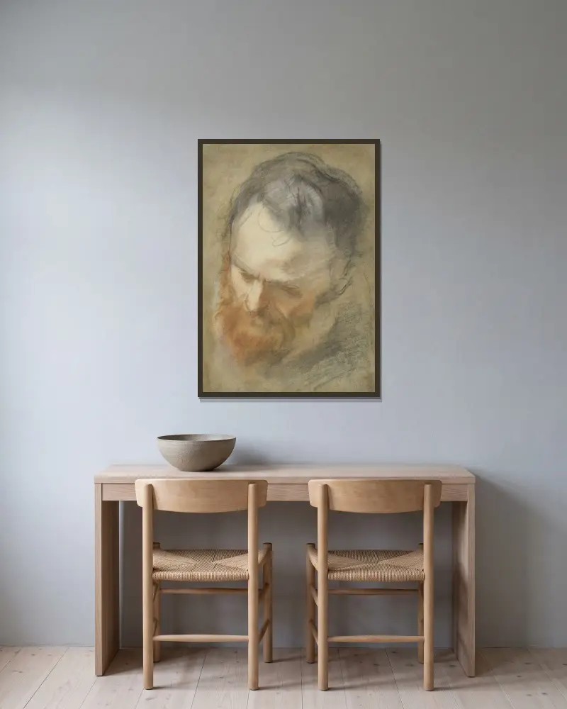Huvud av skäggig man av Federico Barocci inramad på en vägg