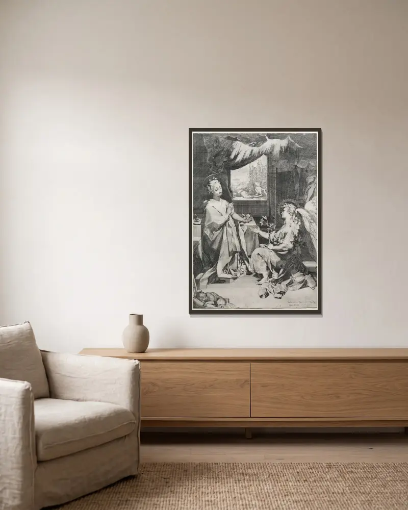 Die Verkündigung von Federico Barocci gerahmt an einer Wand