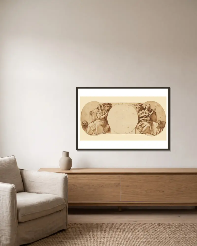 Allegorien der Tapferkeit und der Geduld von Federico Zuccaro gerahmt an einer Wand