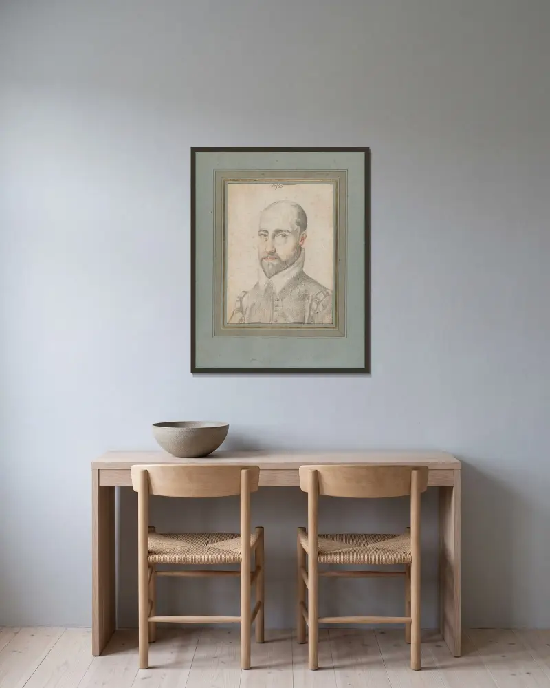 Porträtt av Torquato Tasso i halvfigur av Federico Zuccaro inramad på en vägg