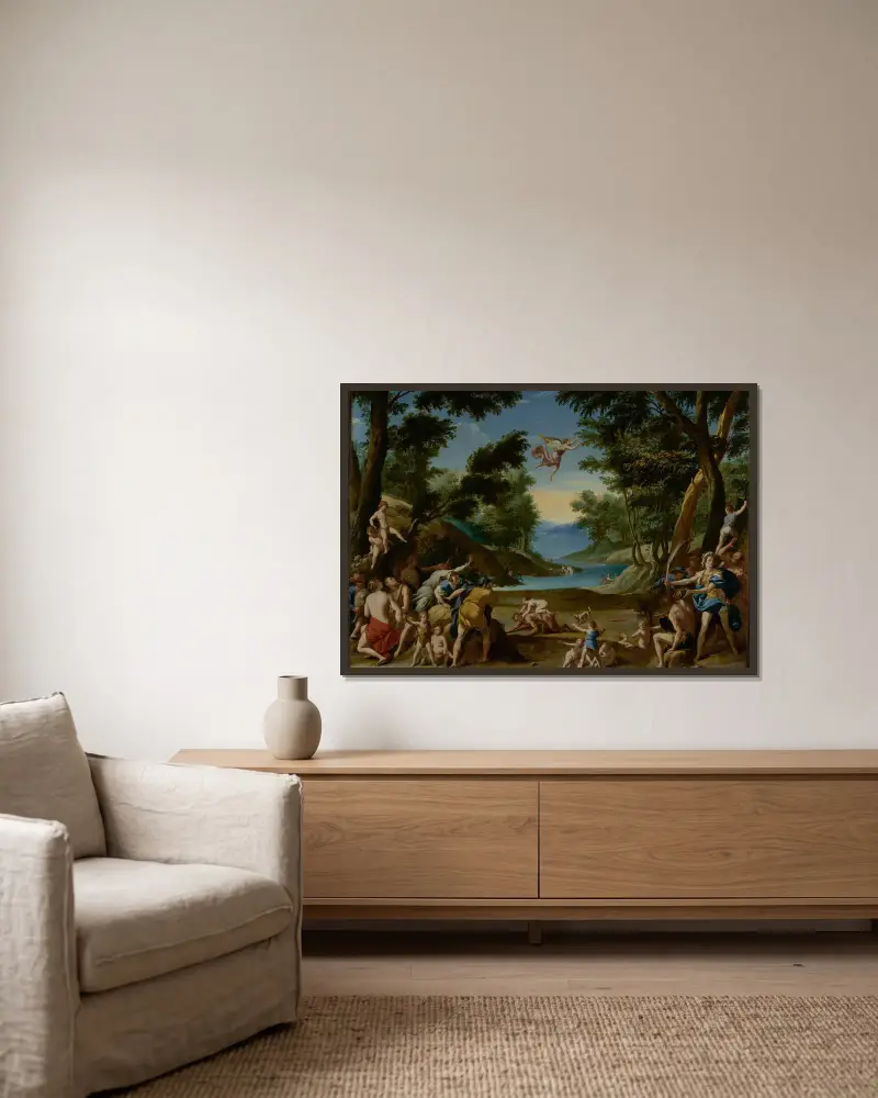 Amor und Pan von Federico Zuccaro gerahmt an einer Wand
