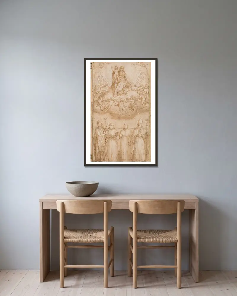 Madonna and Child with Four Saints av Federico Zuccaro inramad på en vägg