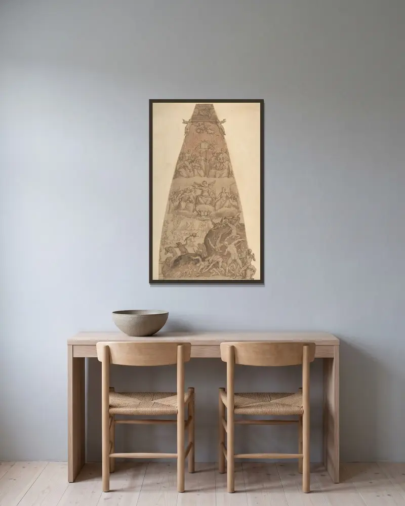 Scen från Yttersta domen, studie för freskutsmyckning i katedralen Santa Maria del Fiore i Florens av Federico Zuccaro inramad på en vägg