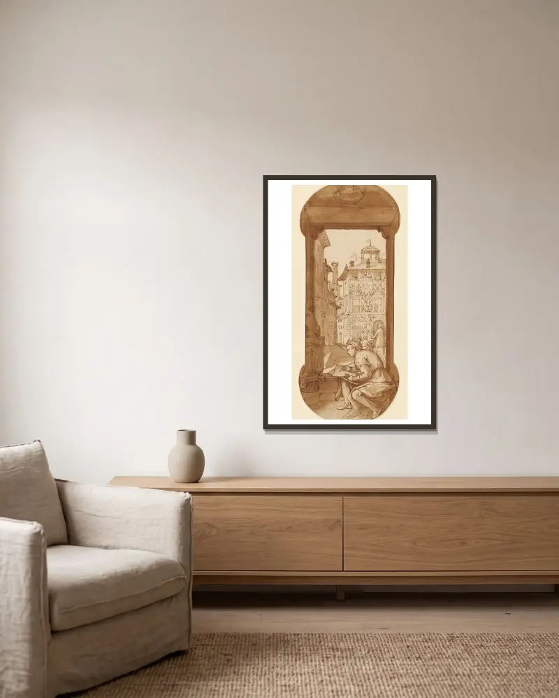 Taddeo Drawing after the Antique; In the Background Copying a Facade by Polidoro av Federico Zuccaro inramad på en vägg