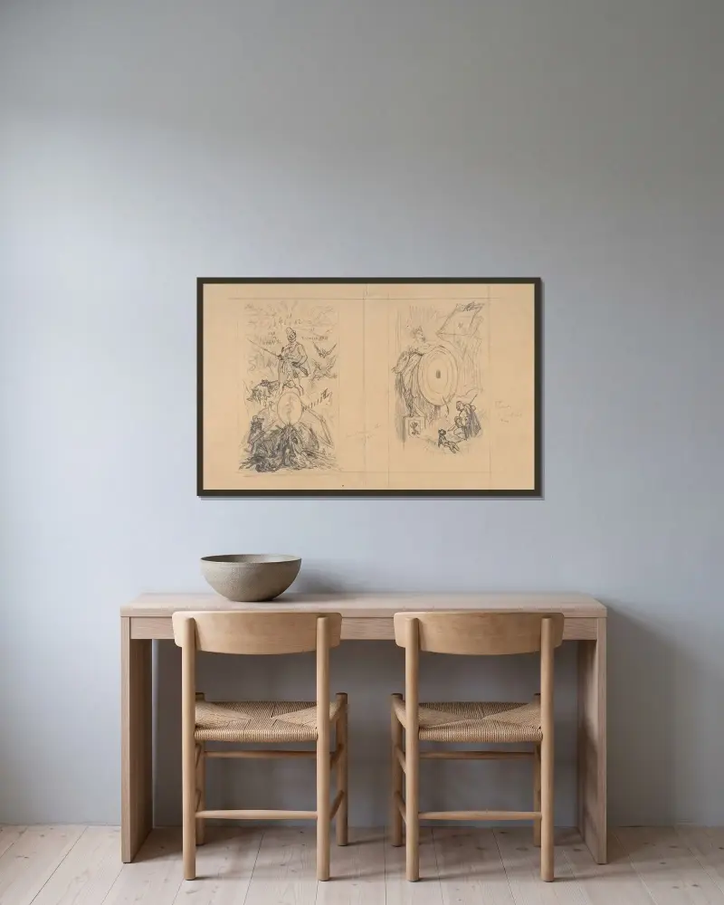 Omslagsdesign för 'Ulenspiegel au Salon' av Félicien Rops inramad på en vägg