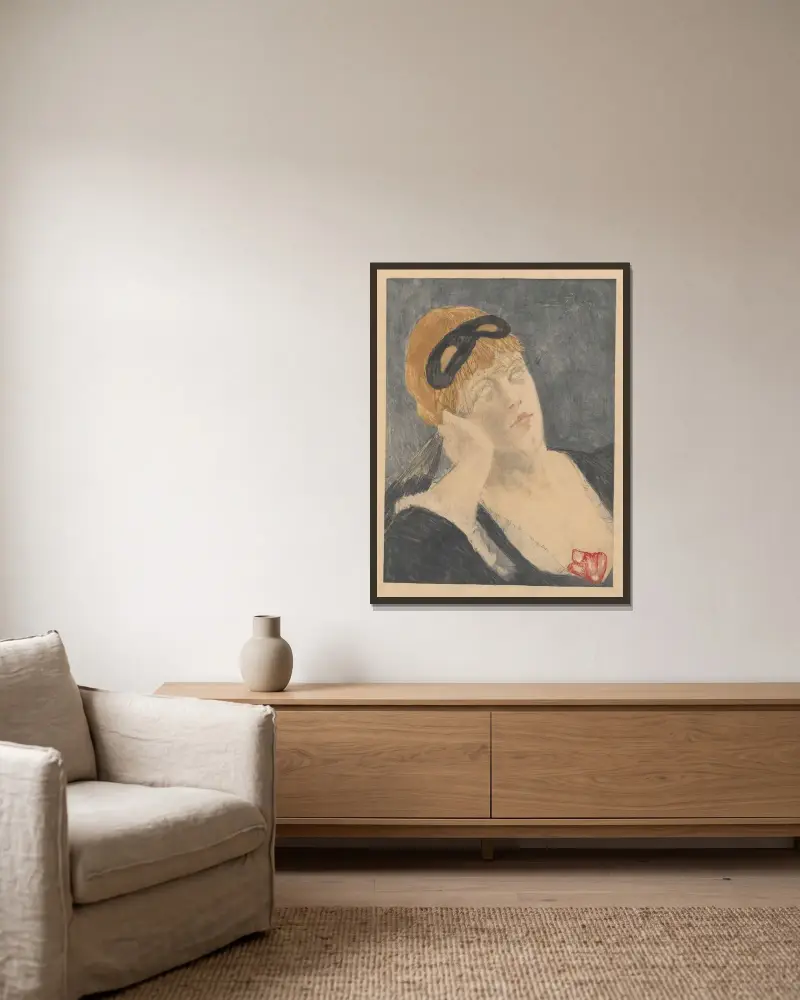 Kvinna med mask av Félicien Rops inramad på en vägg