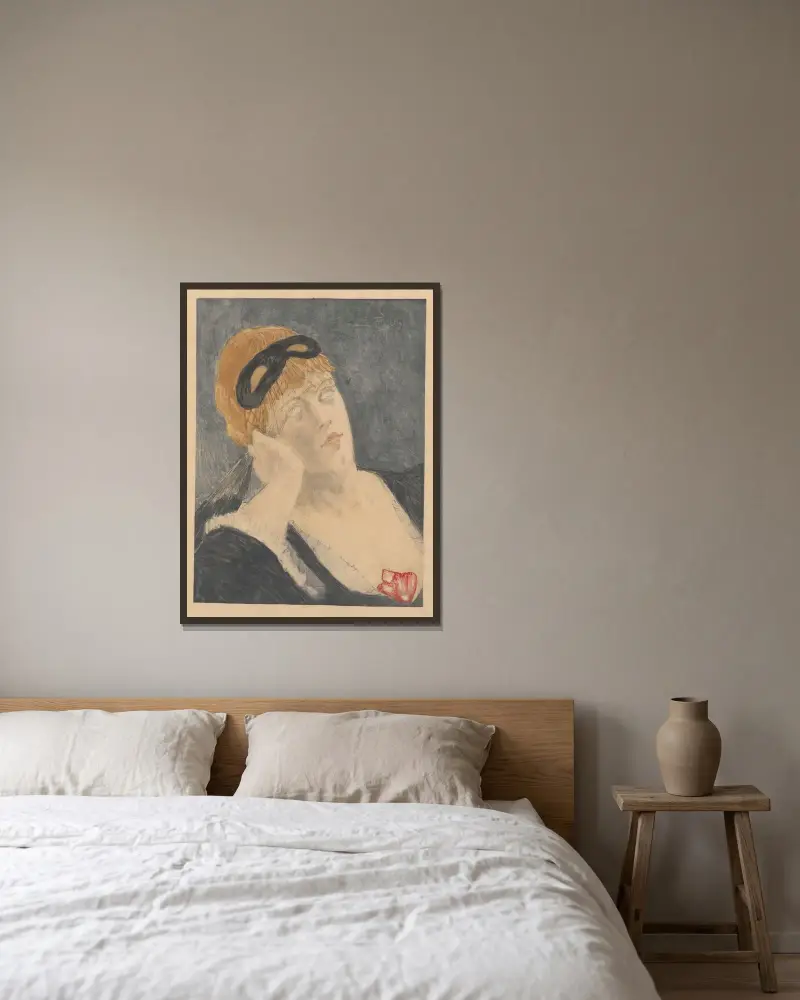 Kvinna med mask av Félicien Rops inramad på en vägg
