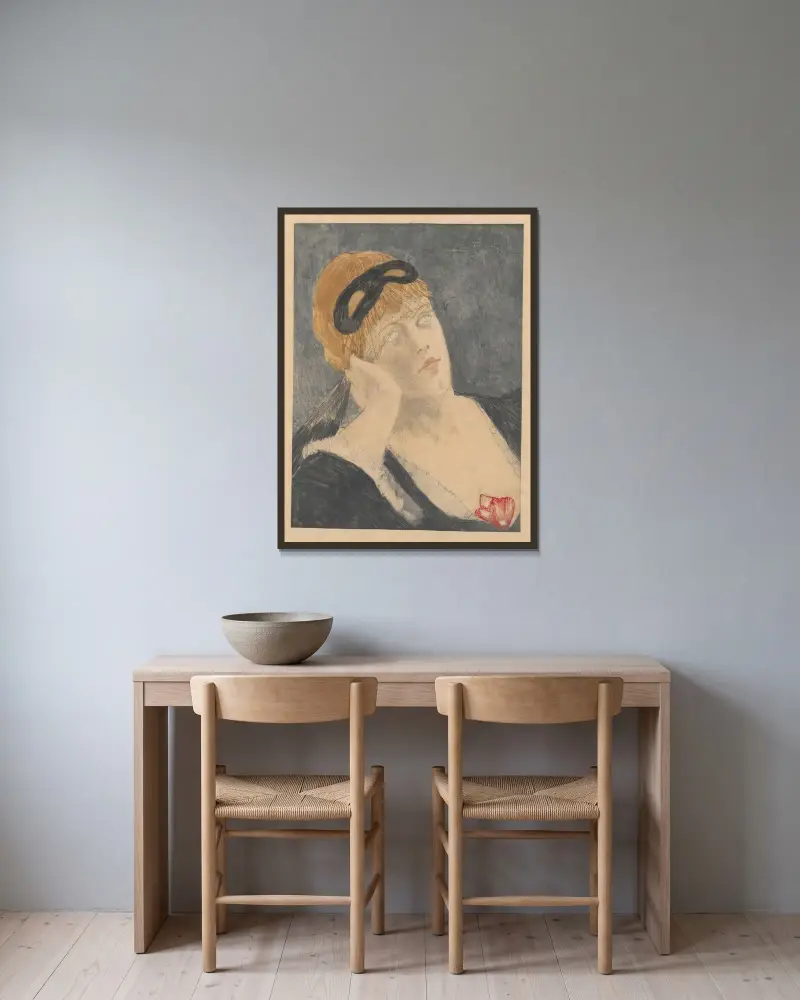 Kvinna med mask av Félicien Rops inramad på en vägg