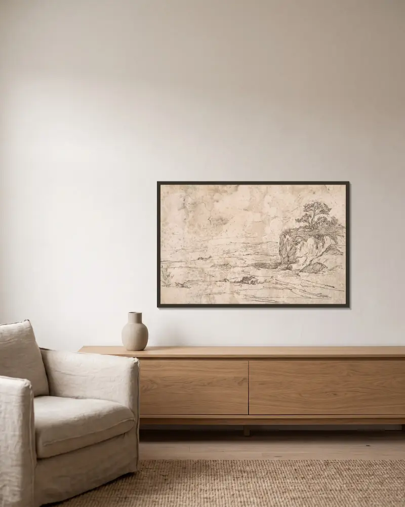 Landskap av Félicien Rops inramad på en vägg