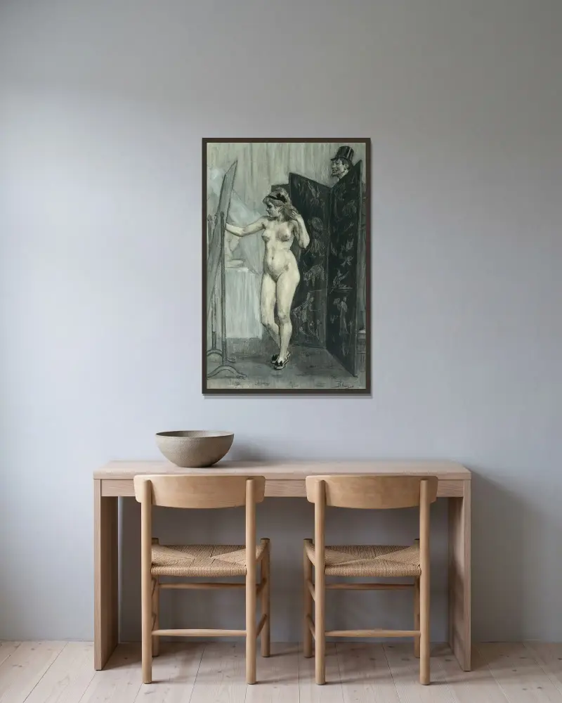Skärmen av Félicien Rops inramad på en vägg