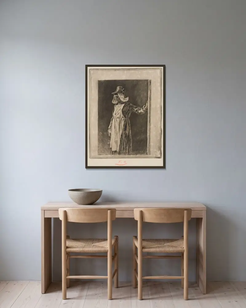 The Old Masken av Félicien Rops inramad på en vägg