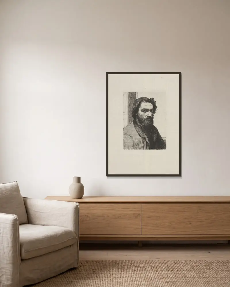 Alphonse Legros av Félix Bracquemond inramad på en vägg