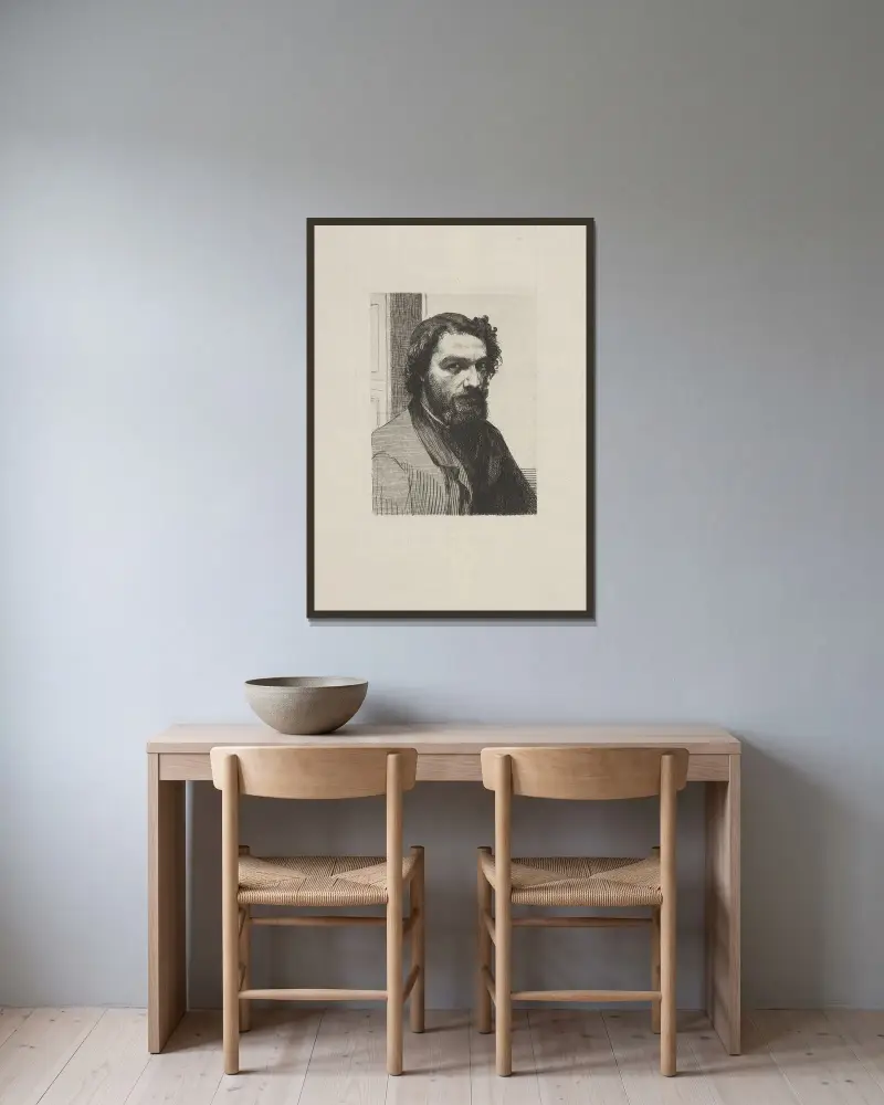 Alphonse Legros av Félix Bracquemond inramad på en vägg