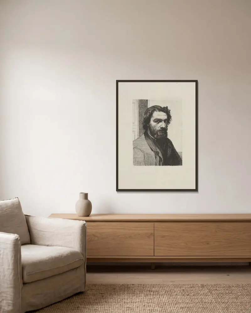 Alphonse Legros av Félix Bracquemond inramad på en vägg
