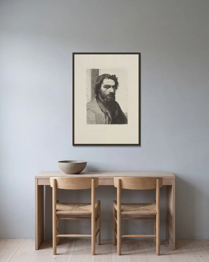 Alphonse Legros av Félix Bracquemond inramad på en vägg