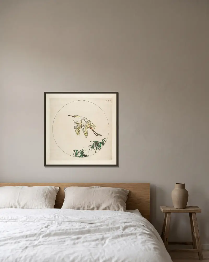 Ein Reiher fliegt über Bambuszweigen von Félix Bracquemond gerahmt an einer Wand